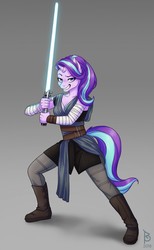 Size: 790x1280 | Tagged: safe, artist:belkyr, starlight glimmer, unicorn, anthro, g4, clothes, crossover, female, lightsaber, looking at you, rey, solo, star wars, weapon