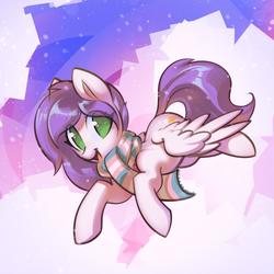 Size: 1600x1600 | Tagged: safe, artist:mirroredsea, oc, oc only, oc:lavender sunrise, pegasus, pony, g4, abstract background, clothes, commission, female, flying, green eyes, looking at you, mare, no pupils, open mouth, pride, pride flag, purple mane, scarf, smiling, solo, spread wings, transgender, transgender pride flag, white coat, wings