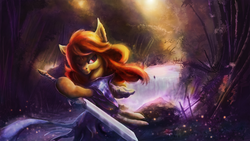 Size: 3029x1703 | Tagged: safe, artist:stdeadra, oc, oc only, earth pony, pony, blade, ears, forest, solo