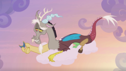 Size: 2880x1620 | Tagged: safe, screencap, discord, draconequus, g4, season 9, the summer sun setback, antlers, cloud, cloudwalking spell, cookie, folded wings, food, horn, lidded eyes, lying on a cloud, male, paws, prone, raised eyebrow, smiling, smirk, snaggletooth, solo, talon, talons, wings