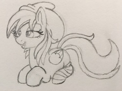 Size: 3810x2835 | Tagged: safe, artist:pieman24601, oc, oc only, oc:winter munchies, pegasus, pony, beanie, clothes, cute, hat, high res, prone, sketch, socks, solo, stoner, striped socks, traditional art