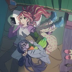 Size: 1200x1200 | Tagged: safe, artist:5mmumm5, sci-twi, sunset shimmer, twilight sparkle, parakeet, equestria girls, g4, bed, blushing, cellphone, clothes, cute, duo, duo female, female, lesbian, lying down, pajamas, phone, plushie, reading, ship:sci-twishimmer, ship:sunsetsparkle, shipping, slippers, smartphone, socks