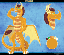 Size: 1114x959 | Tagged: safe, artist:bijutsuyoukai, oc, oc only, oc:vance, dragon, armpits, blue background, commission, dragon oc, flexing, grin, next generation, parent:barry, parent:smolder, reference sheet, simple background, smiling, solo, wing claws