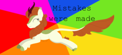 Size: 1438x652 | Tagged: safe, artist:dyonys, autumn blaze, kirin, g4, colored hooves, eyes closed, female, jumping, lineless, mistakes were made, rainbow background, smiling, solo, text