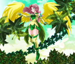 Size: 4786x4141 | Tagged: safe, artist:mauroz, part of a set, fluttershy, human, g4, absurd resolution, anime, armpits, battle suit, breasts, busty fluttershy, clothes, female, humanized, solo, winged humanization, wings
