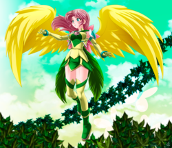 Size: 4786x4141 | Tagged: safe, alternate version, artist:mauroz, fluttershy, human, g4, absurd resolution, armpits, breasts, busty fluttershy, female, humanized, solo, winged humanization, wings