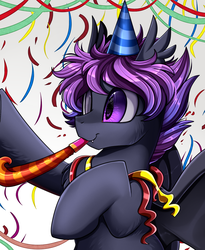 Size: 1446x1764 | Tagged: safe, artist:pridark, oc, oc only, oc:astral void, bat pony, pony, bat pony oc, bust, commission, confetti, cute, hat, male, ocbetes, party hat, party horn, portrait, smiling, solo