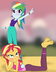 Size: 1772x2256 | Tagged: safe, artist:drawmlpalex, artist:grapefruitface1, artist:nackliza, rainbow dash, sunset shimmer, equestria girls, equestria girls series, g4, wake up!, spoiler:choose your own ending (season 2), spoiler:eqg series (season 2), armpits, barefoot, base used, clothes, feet, pants, show accurate, standing on back, wake up!: rainbow dash, yoga, yoga mat, yoga pants
