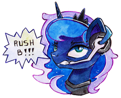 Size: 1024x834 | Tagged: safe, artist:lailyren, princess luna, pony, gamer luna, g4, counter-strike, female, headset, rush b, signature, simple background, solo, speech bubble, traditional art, white background