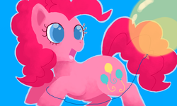 Size: 854x512 | Tagged: safe, artist:lalucca, pinkie pie, earth pony, pony, g4, balloon, blue background, colored pupils, cute, diapinkes, female, mare, open mouth, simple background, solo