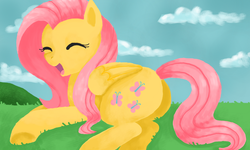 Size: 854x512 | Tagged: safe, artist:lalucca, fluttershy, pegasus, pony, g4, butt, cute, eyes closed, female, flutterbutt, mare, open mouth, plot, prone, shyabetes, solo