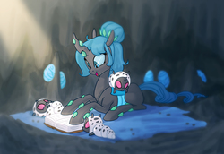 Size: 1200x826 | Tagged: safe, artist:carnifex, oc, oc only, oc:queen polistae, changeling, changeling larva, changeling queen, blue changeling, book, cave, changeling queen oc, cute, female, ocbetes, quadrupedal, reading