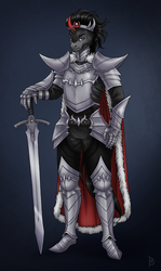Size: 1860x3119 | Tagged: safe, artist:belkyr, king sombra, unicorn, anthro, plantigrade anthro, g4, armor, blue background, cape, clothes, commission, looking at you, male, signature, simple background, solo, stallion, sword, weapon