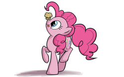Size: 1280x793 | Tagged: safe, artist:heartlyrosalie, pinkie pie, earth pony, pony, g4, balancing, cute, diapinkes, female, food, mare, muffin, newbie artist training grounds, ponies balancing stuff on their nose, profile, simple background, solo, tongue out, white background