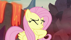Size: 1280x720 | Tagged: safe, screencap, fluttershy, pegasus, pony, g4, sweet and smoky, eyes closed, female, lava, mare, raised hoof, solo