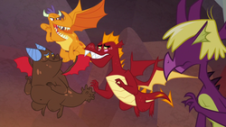 Size: 1280x720 | Tagged: safe, screencap, billy, clump, garble, spear (g4), dragon, g4, sweet and smoky, blushing, flying, group, male, quartet, teenaged dragon