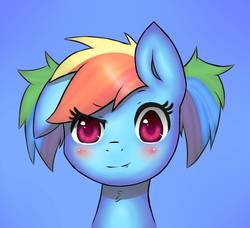 Size: 937x853 | Tagged: safe, artist:moondreamer16, rainbow dash, pony, g4, alternate hairstyle, blue background, blushing, bust, cute, cute little fangs, dashabetes, fangs, female, looking at you, mare, one ear down, pigtails, portrait, simple background, solo