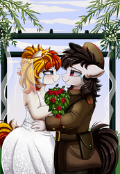 Size: 2343x3395 | Tagged: safe, artist:pridark, oc, oc only, oc:alter ego, oc:commissar junior, anthro, altenior, anthro oc, clothes, couple, crying, digital art, dress, female, floppy ears, high res, looking at each other, male, mare, marriage, smiling, stallion, tears of joy, wedding, wedding dress