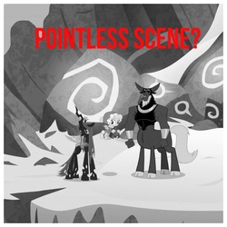 Size: 1936x1936 | Tagged: safe, edit, edited screencap, screencap, cozy glow, lord tirek, queen chrysalis, centaur, changeling, changeling queen, pegasus, pony, frenemies (episode), g4, leak, black and white, bow, cloven hooves, colored hooves, cropped, female, filly, grayscale, grogar's bell, hair bow, male, monochrome, nose piercing, nose ring, piercing, pointless, red text, septum piercing, snow, trio