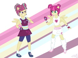 Size: 2048x1536 | Tagged: safe, artist:doodledraws00, majorette, sour sweet, sweeten sour, equestria girls, g4, my little pony equestria girls: friendship games, clothes, crossover, exeron fighters, exeron outfit, midriff, ponied up, pony ears, skirt, sports bra, sweetly and sourly, wings