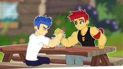 Size: 4000x2250 | Tagged: safe, artist:orin331, flash magnus, flash sentry, equestria girls, g4, arm wrestling, clothes, digital art, equestria girls-ified, male, muscles, smiling, struggling