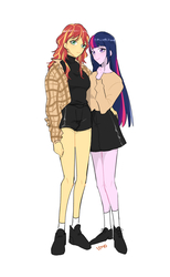 Size: 800x1300 | Tagged: safe, artist:extraluna, sunset shimmer, twilight sparkle, equestria girls, g4, butt touch, clothes, duo, female, hand on butt, legs, lesbian, miniskirt, plaid jacket, ship:sunsetsparkle, shipping, shoes, shorts, simple background, skirt, socks, sweater, white background