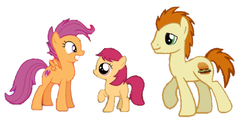 Size: 878x442 | Tagged: safe, creamy nougat, gallop j. fry, pepper pot, scootaloo, earth pony, pegasus, pony, g4, growing up is hard to do, female, filly, grin, headcanon, male, mare, offspring, older, older gallop j. fry, older scootaloo, parent:gallop j. fry, parent:scootaloo, parents:scoot. j fry, scoot j. fry, shipping, simple background, smiling, stallion, straight, white background