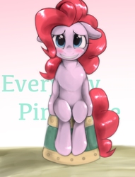 Size: 919x1200 | Tagged: safe, artist:kurogewapony, pinkie pie, earth pony, pony, a trivial pursuit, g4, blushing, cute, diapinkes, embarrassed, female, floppy ears, looking at you, pixiv, scene interpretation, sitting, smiling, solo