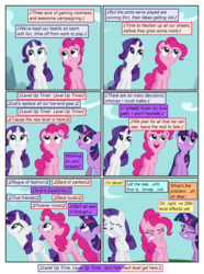 Size: 612x822 | Tagged: safe, artist:newbiespud, artist:winged cat, edit, edited screencap, screencap, pinkie pie, rarity, twilight sparkle, earth pony, pony, unicorn, comic:friendship is dragons, g4, collaboration, comic, dancing, dialogue, female, implied applejack, implied fluttershy, implied mane six, implied rainbow dash, looking up, mare, music notes, one eye closed, raised hoof, screencap comic, singing, smiling, unicorn twilight, wince, wink