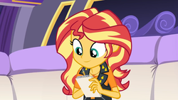 Size: 1920x1080 | Tagged: safe, screencap, sunset shimmer, driving miss shimmer, driving miss shimmer: rarity, equestria girls, g4, my little pony equestria girls: choose your own ending, clothes, cute, female, geode of empathy, leather vest, limousine, magical geodes, notepad, pencil, shimmerbetes, smiling, vest