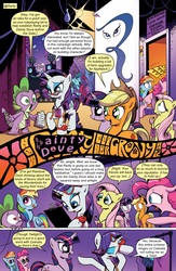 Size: 651x1000 | Tagged: safe, artist:andypriceart, edit, idw, applejack, dj pon-3, fluttershy, pinkie pie, rainbow dash, rarity, spike, twilight sparkle, vinyl scratch, dragon, earth pony, pegasus, pony, unicorn, comic:friendship is dragons, g4, spoiler:comic, background pony, background pony audience, comic, dialogue, eyes closed, female, freckles, glasses, hat, heart eyes, licking, licking lips, male, mane seven, mane six, mare, raised hoof, text edit, tongue out, turntable, unicorn twilight, unnamed character, unnamed pony, wide eyes, wingding eyes