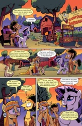 Size: 651x1000 | Tagged: safe, artist:andypriceart, edit, idw, filthy rich, flax seed, floralis, garden sunshine, natural remedy, rarity, wheat grass, bird, blue jay, chicken, earth pony, pony, unicorn, comic:friendship is dragons, g4, spoiler:comic, background pony, barnyard bargains, comic, dialogue, female, flax seed looks at stuff, glasses, grin, hat, looking up, male, mare, necktie, nervous, peace symbol, sign, smiling, stallion, text edit, yin-yang