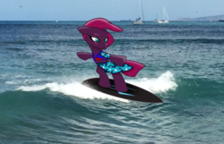 Size: 2322x1494 | Tagged: safe, artist:ejlightning007arts, tempest shadow, pony, unicorn, g4, bipedal, broken horn, clothes, eye scar, hawaii, horn, irl, ocean, photo, ponies in real life, sail boat, sarong, scar, surfboard, surfing, swimsuit, wave