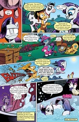 Size: 651x1000 | Tagged: safe, artist:andy price, edit, idw, official comic, flax seed, rarity, bee, bird, chicken, cow, earth pony, pony, unicorn, comic:friendship is dragons, g4, micro-series #3, my little pony micro-series, spoiler:comic, angry, bath, bathtub, beehive, bell, bucket, comic, cowbell, crescent moon, dialogue, eyes closed, female, flax seed looks at stuff, flower, frown, grin, looking back, male, mare, moon, mouth hold, onomatopoeia, raised hoof, running, saddle bag, sitting, smiling, stallion, text edit, towel, udder, unamused, unshorn fetlocks, wet, wet mane, wet mane rarity
