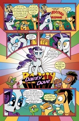 Size: 651x1000 | Tagged: safe, artist:andypriceart, edit, idw, filthy rich, flax seed, rarity, tempeh, tofu, wheat grass, bird, chicken, pony, comic:friendship is dragons, g4, spoiler:comic, ..., background pony, clothes, comic, crying, dialogue, eyes closed, female, grin, heartbreak, hippie, looking up, male, mare, peace symbol, sign, smiling, stallion, sunburst background, text edit, thinking, tongue out, vest, wingding eyes