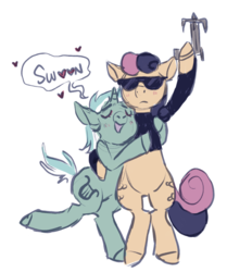 Size: 1113x1329 | Tagged: safe, artist:jellynut, bon bon, lyra heartstrings, sweetie drops, earth pony, pony, g4, slice of life (episode), blushing, bon bond, clothes, eyes closed, female, grappling hook, heart, lesbian, open mouth, secret agent sweetie drops, ship:lyrabon, shipping, simple background, speech bubble, sunglasses, swoon, white background