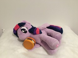 Size: 4032x3024 | Tagged: safe, twilight sparkle, alicorn, pony, 4de, borgarposting, bread, burger, burgie, cheese, cheeseburger, cute, eating, featured image, female, food, hamburger, irl, lazy, lying down, mare, meat, my little pony logo, on side, photo, pillow, plushie, plushie eating a plushie, ponies eating meat, smiling, solo, sweet dreams fuel, that pony sure does love burgers, tomato, twiabetes, twilight burgkle, twilight sparkle (alicorn), twilight sparkle plushie, wing hold