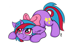Size: 3000x1920 | Tagged: safe, artist:dawn-designs-art, oc, oc only, oc:cosmic spark, pony, unicorn, adorable face, blue mane, bow, crouching, cute, fluffy, pink eyes, pounce, purple coat, red mane, solo