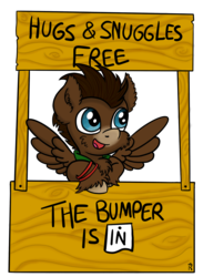 Size: 1314x1799 | Tagged: safe, artist:dawn-designs-art, oc, oc:bumper, pegasus, pony, adorable face, blue eyes, booth, brown coat, brown mane, chest fluff, cute, fluffy, free hugs, lucy's advice booth, male, stallion, unshorn fetlocks