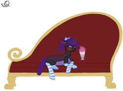 Size: 1610x1196 | Tagged: safe, artist:snow quill, oc, oc only, changeling, blushing, changeling oc, clothes, couch, magic, milkshake, purple changeling, simple background, socks, solo, striped socks, white background