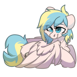 Size: 2000x2000 | Tagged: safe, artist:spoopygander, oc, oc:camellia sky, pegasus, pony, cheek fluff, chest fluff, cute, cutie mark, eyelashes, female, fluffy butt, high res, looking at you, looking up, mare, multicolored hair, smiling, unshorn fetlocks, wing fluff, wings