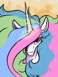 Size: 3072x4096 | Tagged: safe, artist:greyscaleart, princess celestia, alicorn, pony, g4, abstract background, bust, female, hair over one eye, horn, looking at you, mare, solo, sparking horn