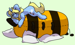 Size: 3539x2136 | Tagged: safe, artist:spoopygander, oc, oc only, oc:art's desire, bee, pony, unicorn, blushing, cute, cutie mark, female, giant plushie, high res, horn, mare, pillow, plushie, sleeping, smiling, solo