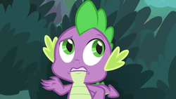 Size: 1280x720 | Tagged: safe, screencap, spike, dragon, g4, the big mac question, baby, baby dragon, claws, fangs, male, raised eyebrow, raised hand, tail, winged spike, wings