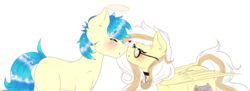 Size: 1485x538 | Tagged: safe, artist:shiroikitten, oc, oc only, oc:ivoryquest, earth pony, pegasus, pony, female, glasses, halo, male, mare, nuzzling, oc x oc, shipping, simple background, stallion, straight, transparent background