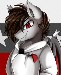 Size: 1446x1764 | Tagged: safe, artist:pridark, oc, oc only, oc:star clad, bat pony, pony, bat pony oc, bust, clothes, commission, hair over one eye, hoodie, looking at you, male, portrait, red eyes, smiling, solo
