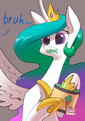 Size: 2480x3508 | Tagged: safe, artist:underpable, princess celestia, alicorn, pony, g4, bruh, female, food, high res, ice cream, implied princess luna, jewelry, majestic as fuck, mare, messy eating, note, offscreen character, regalia, spread wings, text, this will end in tears, this will end in tears and/or death, wingboner, wings