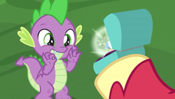 Size: 1280x720 | Tagged: safe, screencap, big macintosh, spike, dragon, g4, the big mac question, claws, context is for the weak, cute, drool, fangs, folded wings, greed spike, greedy, male, out of context, ring, tail, temptation, unshorn fetlocks, want, wedding ring, wiggling fingers, winged spike, wings