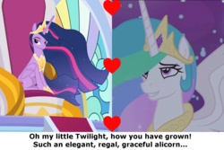 Size: 1500x1000 | Tagged: safe, edit, edited screencap, screencap, princess celestia, twilight sparkle, alicorn, pony, a royal problem, g4, the last problem, adult, canterlot castle, caption, cropped, crown, ethereal mane, female, flowing mane, folded wings, heart, hoof shoes, image macro, jewelry, lesbian, lidded eyes, looking up, mare, momlestia, motherly, night, older, older twilight, older twilight sparkle (alicorn), princess twilight 2.0, regalia, ship:twilestia, shipping, smiling, smuglight sparkle, spread wings, text, throne room, twilight sparkle (alicorn), wings
