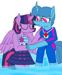 Size: 1080x1313 | Tagged: safe, artist:徐詩珮, spring rain, twilight sparkle, alicorn, unicorn, anthro, g4, beach, clothes, equestria girls outfit, female, lesbian, lifeguard, lifeguard spring rain, mare, ship:springlight, shipping, simple background, summer, swimsuit, transparent background, twilight sparkle (alicorn), whistle